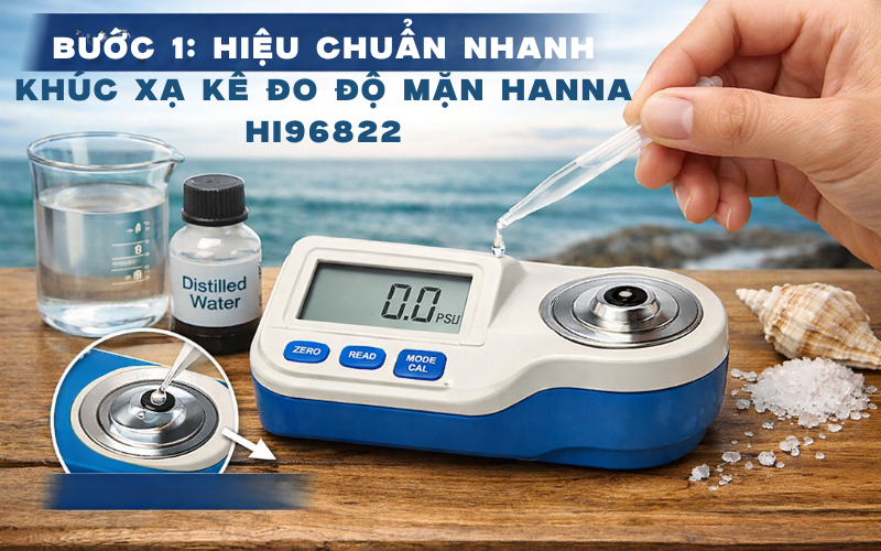 Bước 1: Hiệu chuẩn nhanh khúc xạ kế đo độ mặn Hanna HI96822