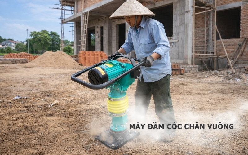 Máy đầm cóc chạy điện chân vuông