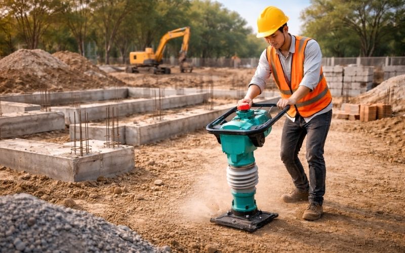 Máy đầm cóc chạy điện chân vuông