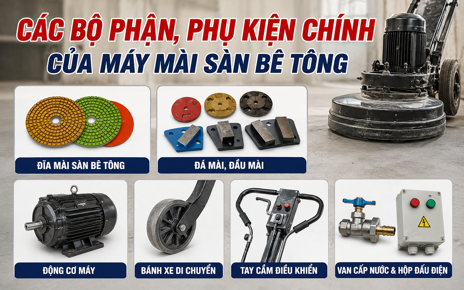 Các bộ phận, phụ kiện chính của máy mài sàn bê tông