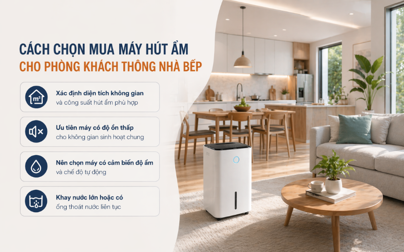 Cách chọn mua máy hút ẩm cho phòng khách thông nhà bếp