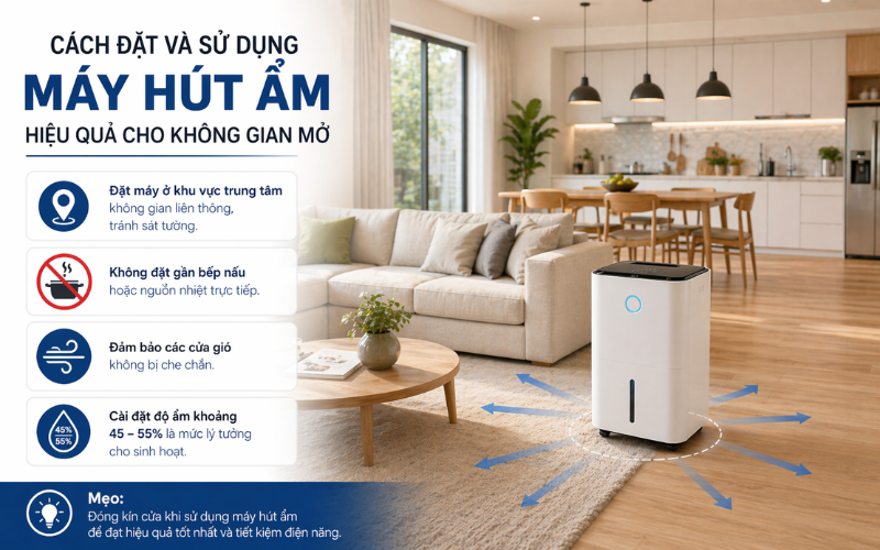 Cách đặt và sử dụng máy hút ẩm hiệu quả cho không gian mở
