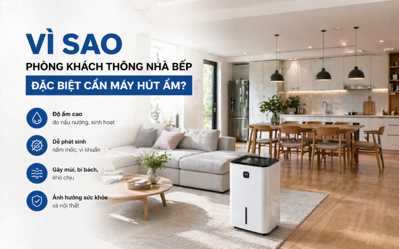 Vì sao phòng khách thông nhà bếp đặc biệt cần máy hút ẩm